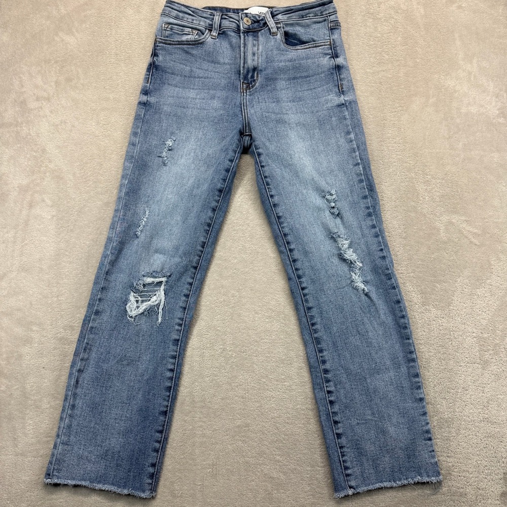VERVE Los Angeles Jeans Women's 27 Raw Hem Straight Ankle Distressed Blue Denim‎